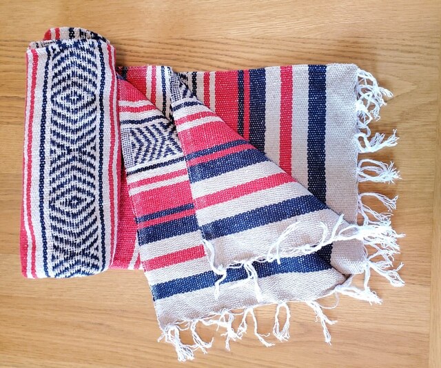 Red white and navy serape blanket